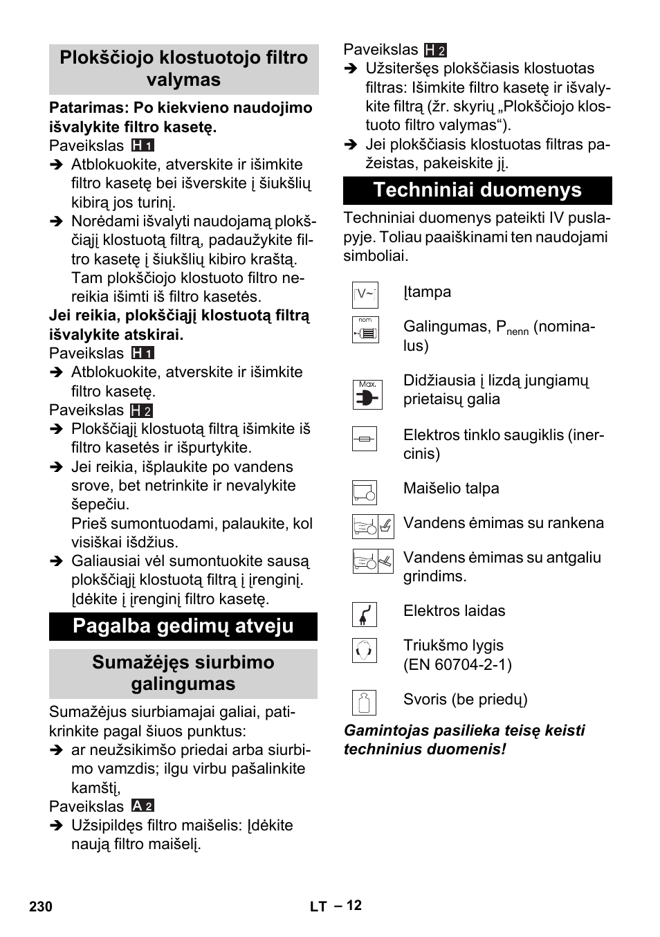 Plokščiojo klostuotojo filtro valymas, Pagalba gedimų atveju, Sumažėjęs siurbimo galingumas | Techniniai duomenys | Karcher MV 5 User Manual | Page 230 / 260