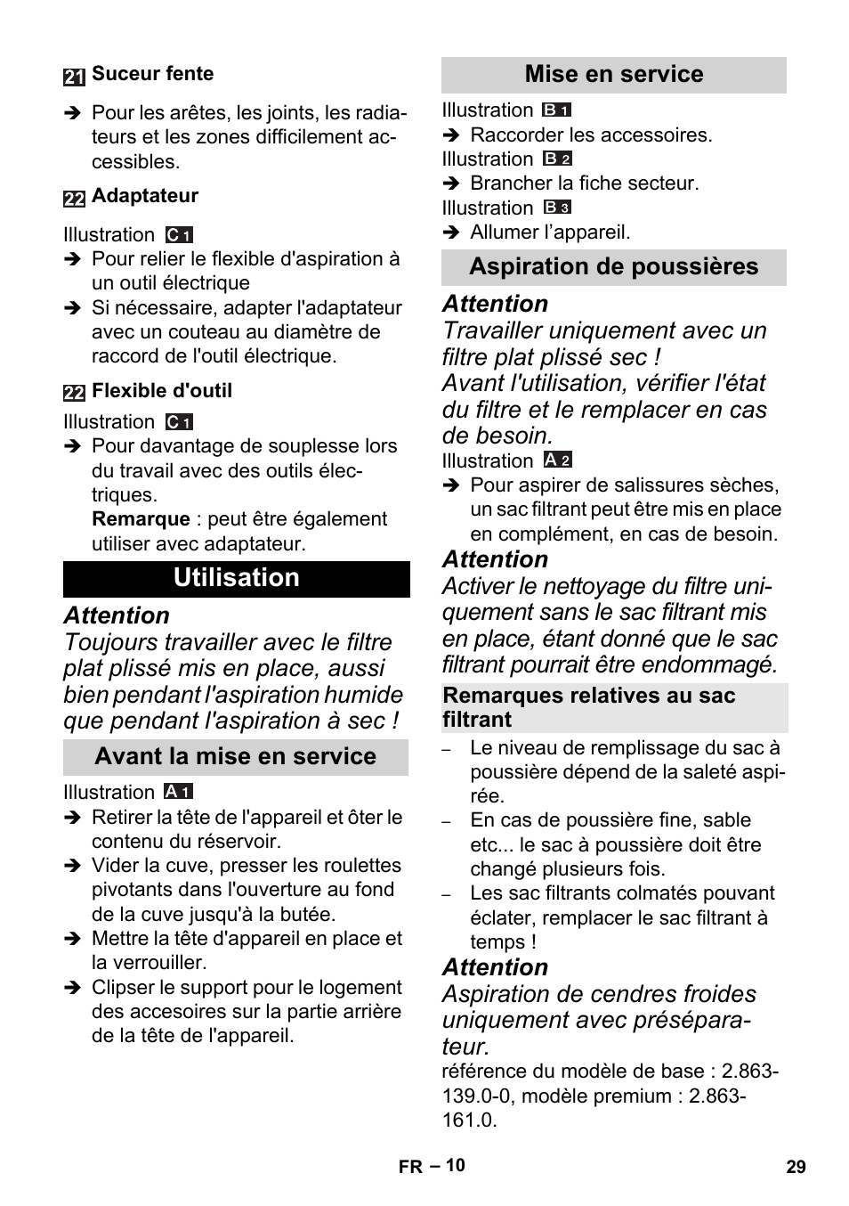 Utilisation, Avant la mise en service, Mise en service | Aspiration de poussières, Remarques relatives au sac filtrant | Karcher MV 5 User Manual | Page 29 / 260