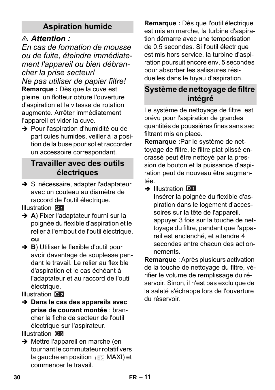 Aspiration humide, Travailler avec des outils électriques, Système de nettoyage de filtre intégré | Karcher MV 5 User Manual | Page 30 / 260