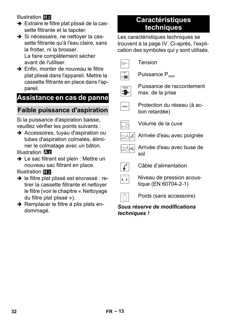 Assistance en cas de panne, Faible puissance d'aspiration, Caractéristiques techniques | Karcher MV 5 User Manual | Page 32 / 260