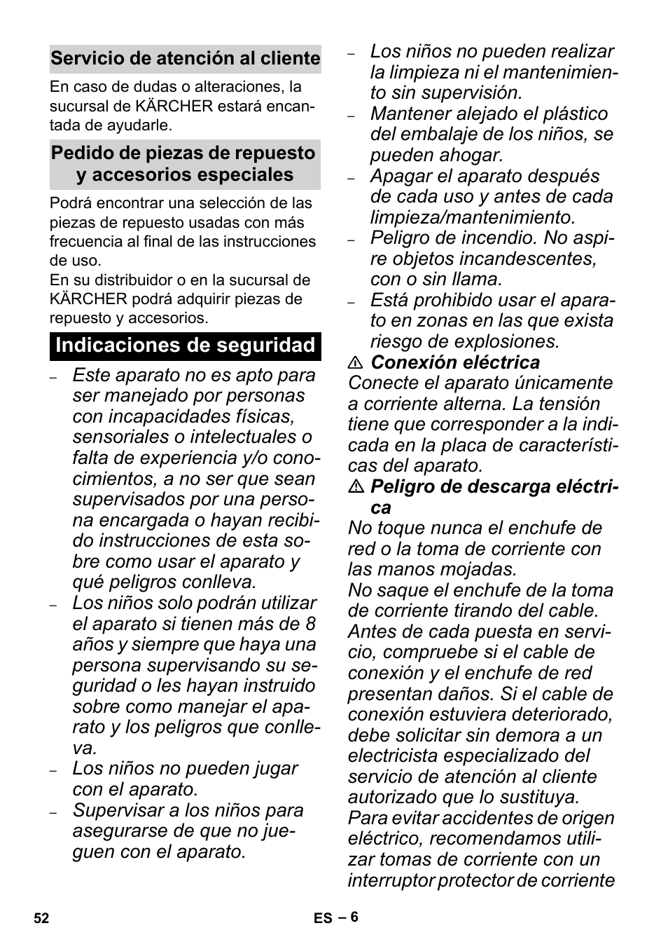 Servicio de atención al cliente, Indicaciones de seguridad | Karcher MV 5 User Manual | Page 52 / 260