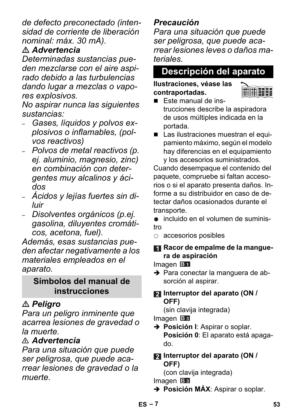 Símbolos del manual de instrucciones, Descripción del aparato | Karcher MV 5 User Manual | Page 53 / 260