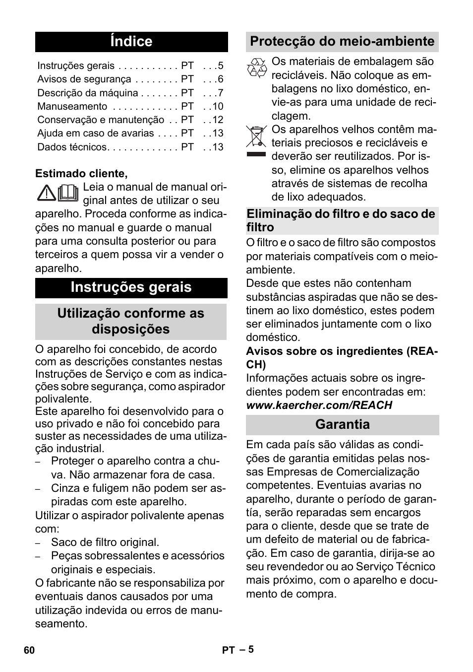 Português, Índice, Instruções gerais | Utilização conforme as disposições, Protecção do meio-ambiente, Eliminação do filtro e do saco de filtro, Garantia | Karcher MV 5 User Manual | Page 60 / 260