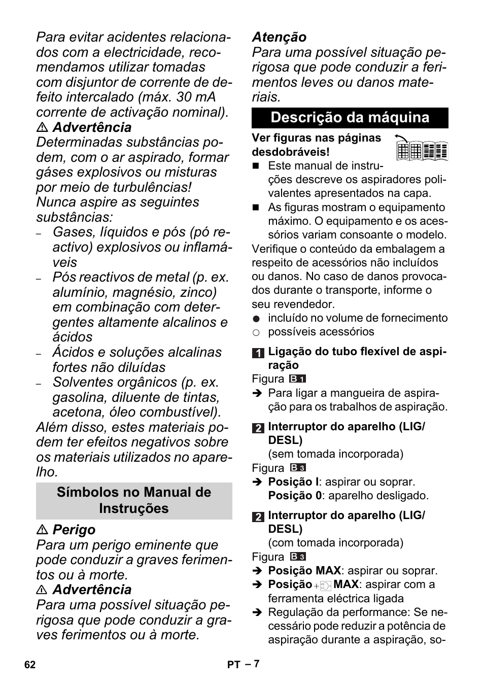 Símbolos no manual de instruções, Descrição da máquina | Karcher MV 5 User Manual | Page 62 / 260