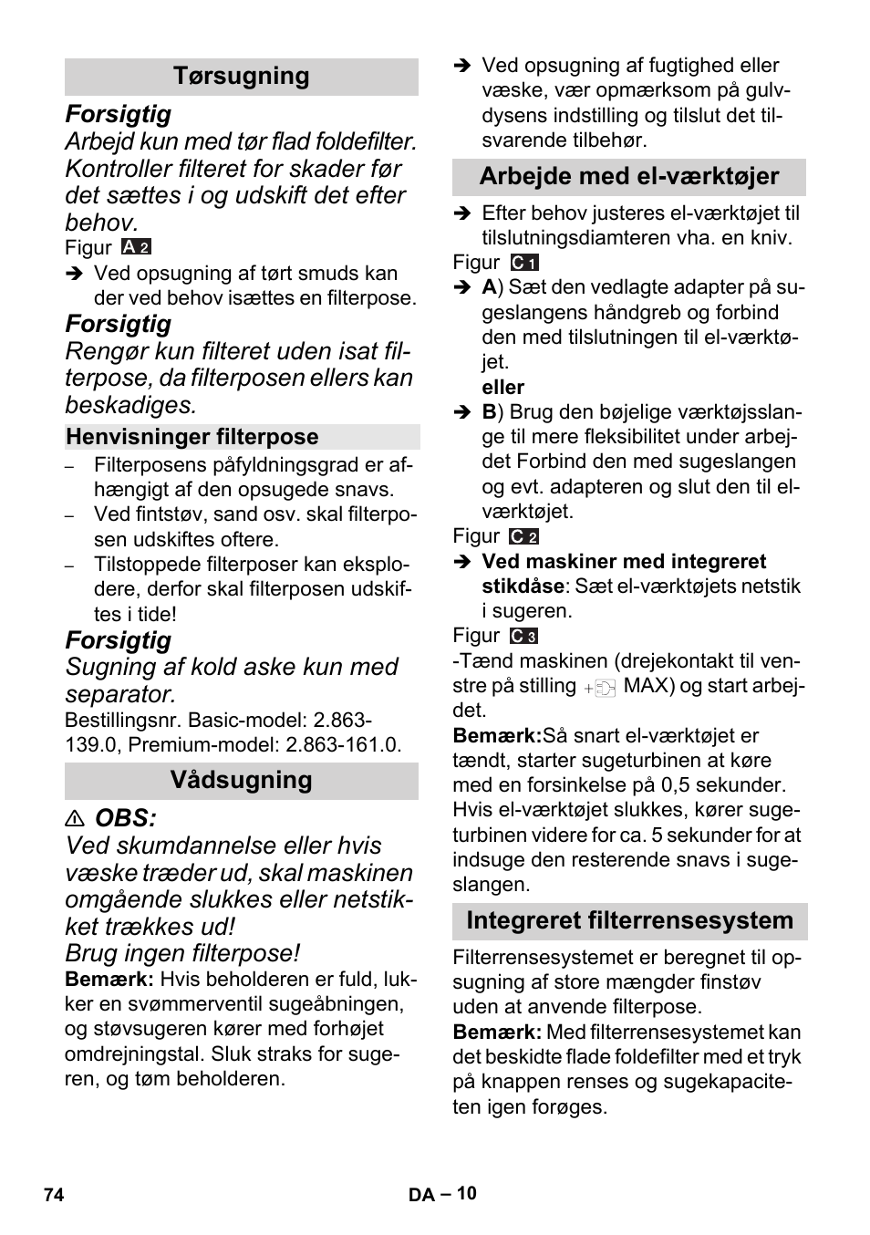 Tørsugning, Henvisninger filterpose, Vådsugning | Arbejde med el-værktøjer, Integreret filterrensesystem | Karcher MV 5 User Manual | Page 74 / 260