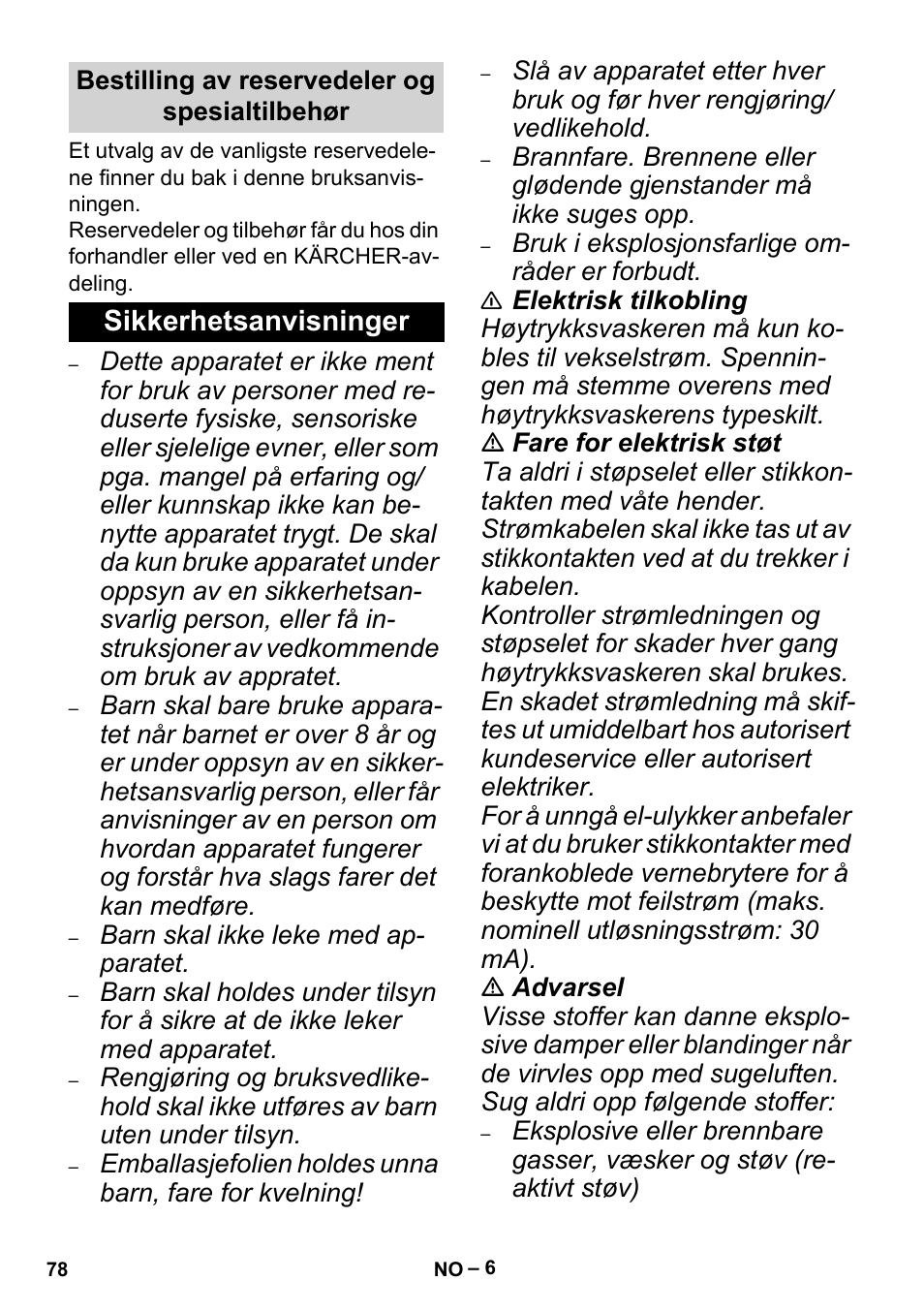 Bestilling av reservedeler og spesialtilbehør, Sikkerhetsanvisninger | Karcher MV 5 User Manual | Page 78 / 260