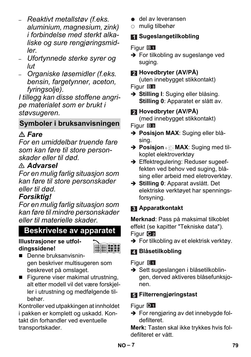 Symboler i bruksanvisningen, Beskrivelse av apparatet, Ufortynnede sterke syrer og lut | Karcher MV 5 User Manual | Page 79 / 260