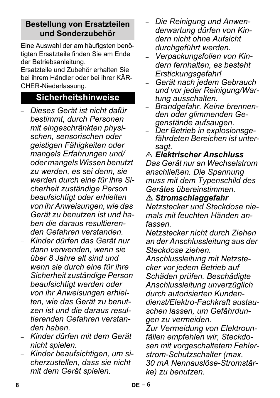 Bestellung von ersatzteilen und sonderzubehör, Sicherheitshinweise | Karcher MV 5 User Manual | Page 8 / 260