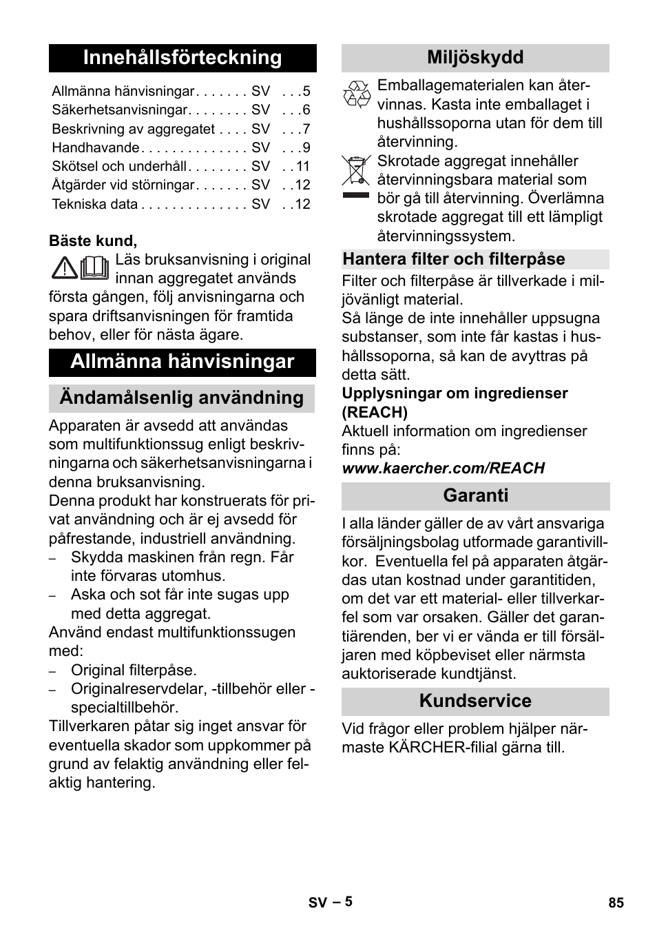 Svenska, Innehållsförteckning, Allmänna hänvisningar | Ändamålsenlig användning, Miljöskydd, Hantera filter och filterpåse, Garanti, Kundservice, Ändamålsenlig användning miljöskydd, Garanti kundservice | Karcher MV 5 User Manual | Page 85 / 260