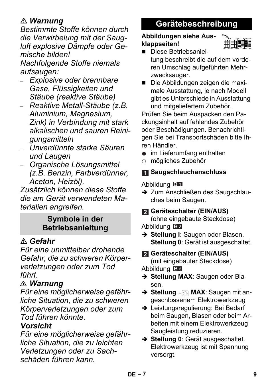 Symbole in der betriebsanleitung, Gerätebeschreibung | Karcher MV 5 User Manual | Page 9 / 260