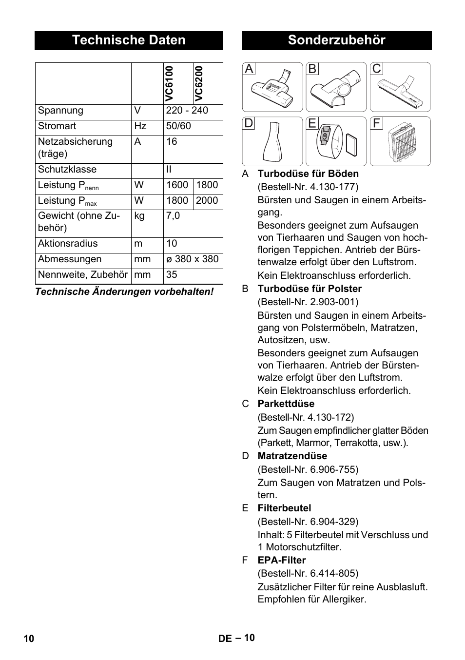 Technische daten, Sonderzubehör | Karcher VC 6200 User Manual | Page 10 / 188