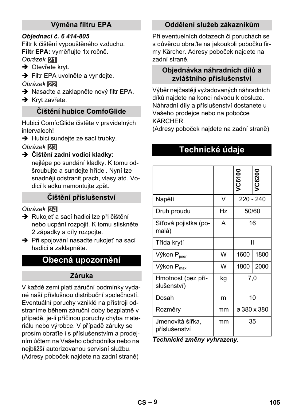 Obecná upozornění, Technické údaje | Karcher VC 6200 User Manual | Page 105 / 188