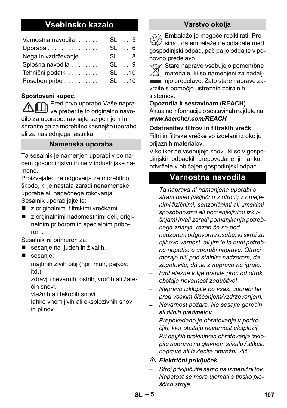 Slovenščina, Vsebinsko kazalo, Varnostna navodila | Karcher VC 6200 User Manual | Page 107 / 188