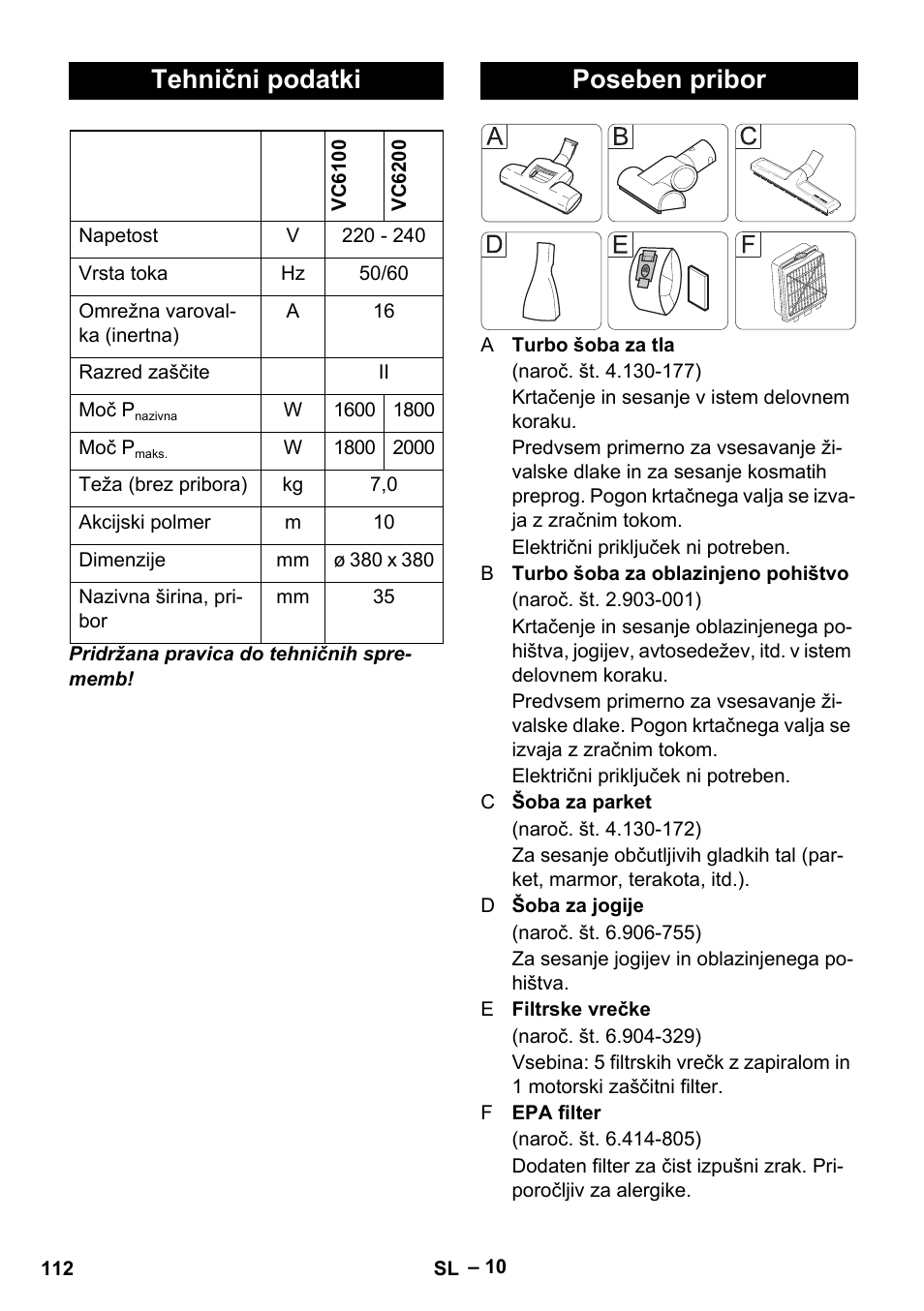 Tehnični podatki, Poseben pribor | Karcher VC 6200 User Manual | Page 112 / 188