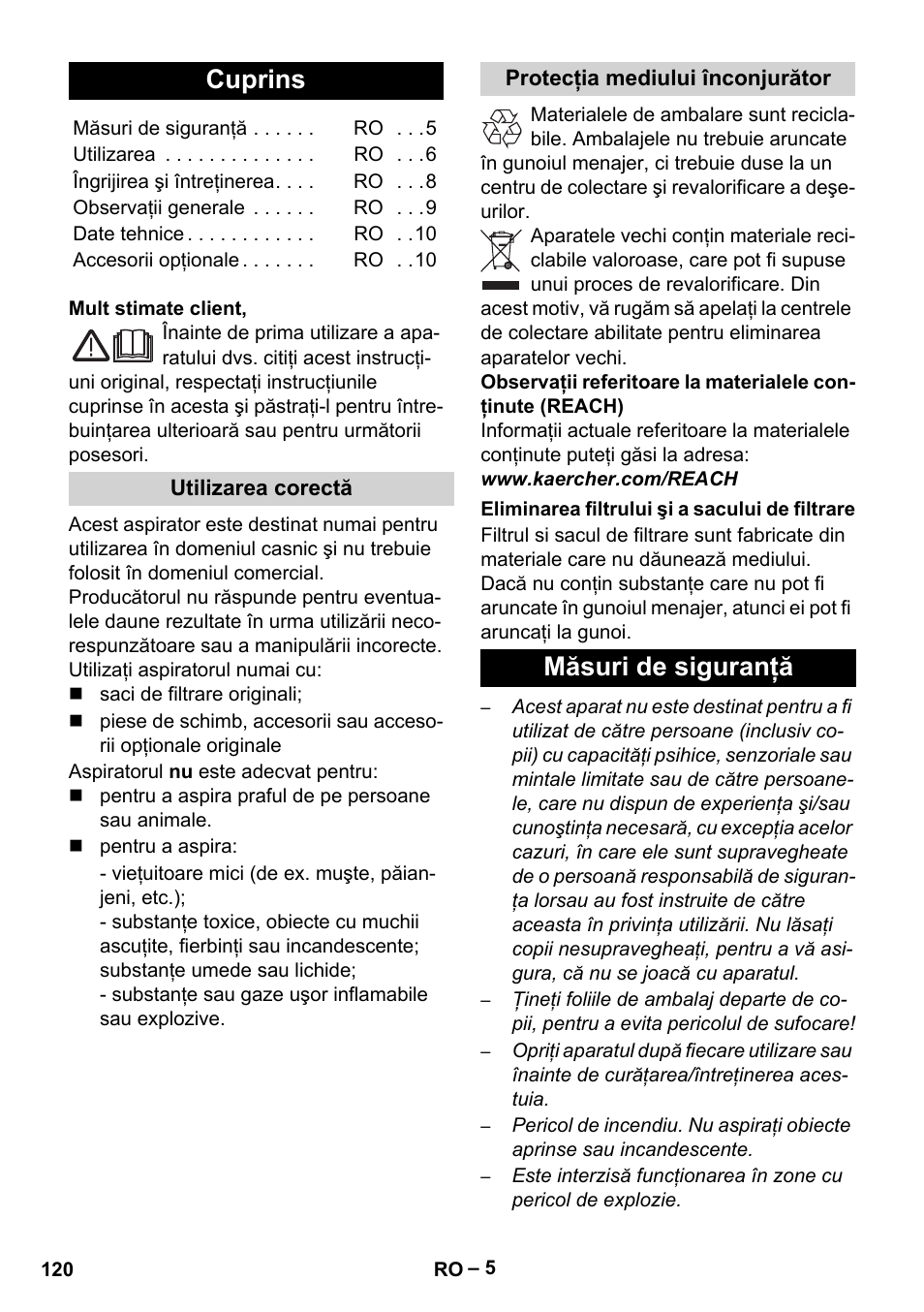 Româneşte, Cuprins, Măsuri de siguranţă | Karcher VC 6200 User Manual | Page 120 / 188