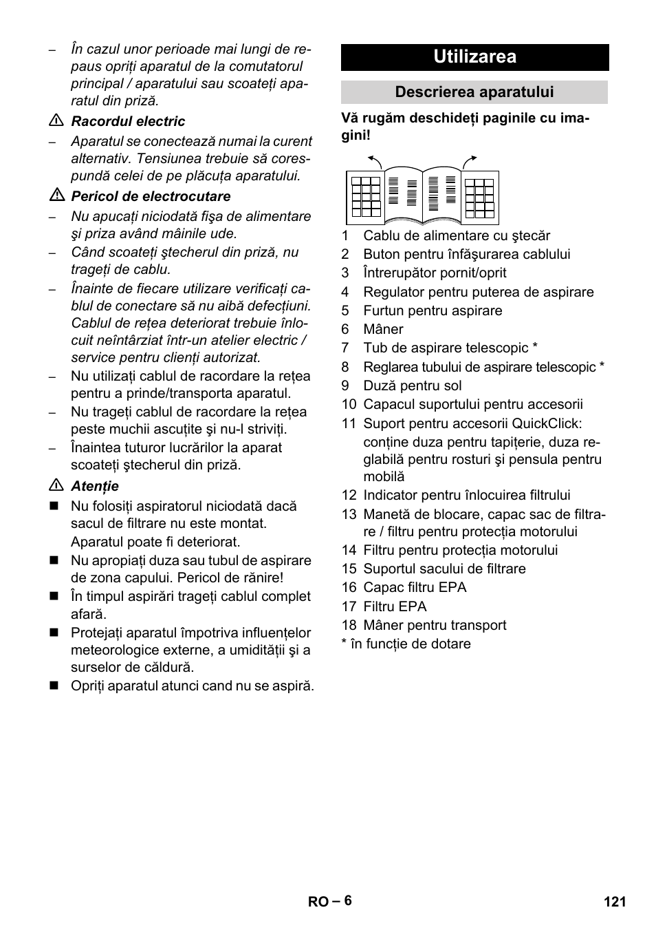 Utilizarea | Karcher VC 6200 User Manual | Page 121 / 188