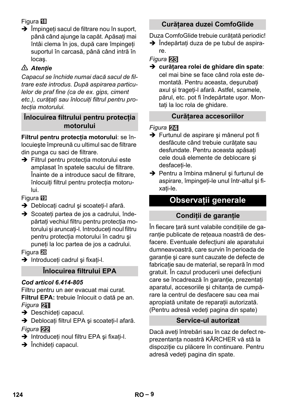Observaţii generale | Karcher VC 6200 User Manual | Page 124 / 188