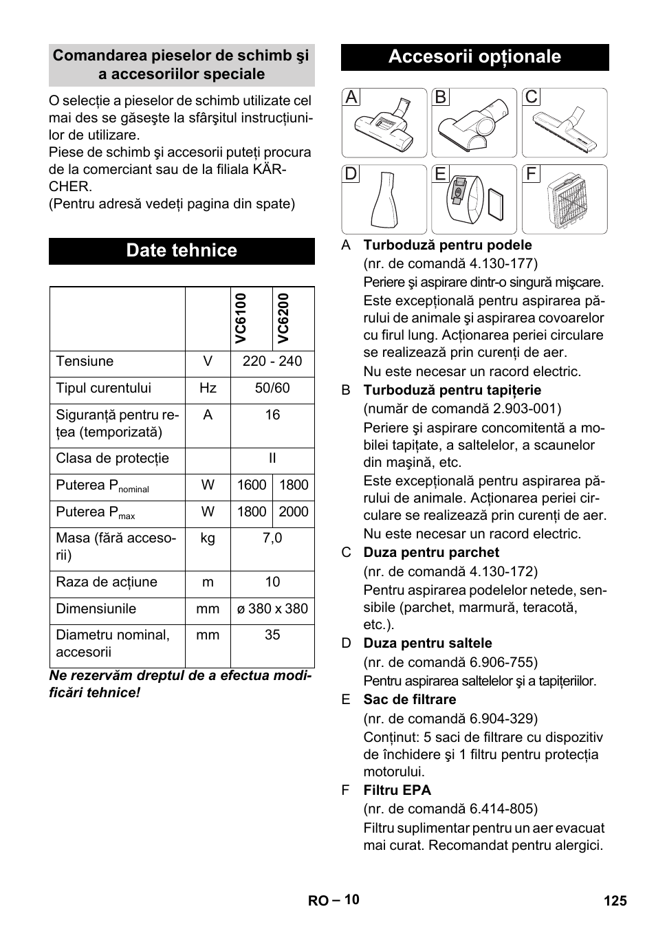 Date tehnice, Accesorii opţionale | Karcher VC 6200 User Manual | Page 125 / 188