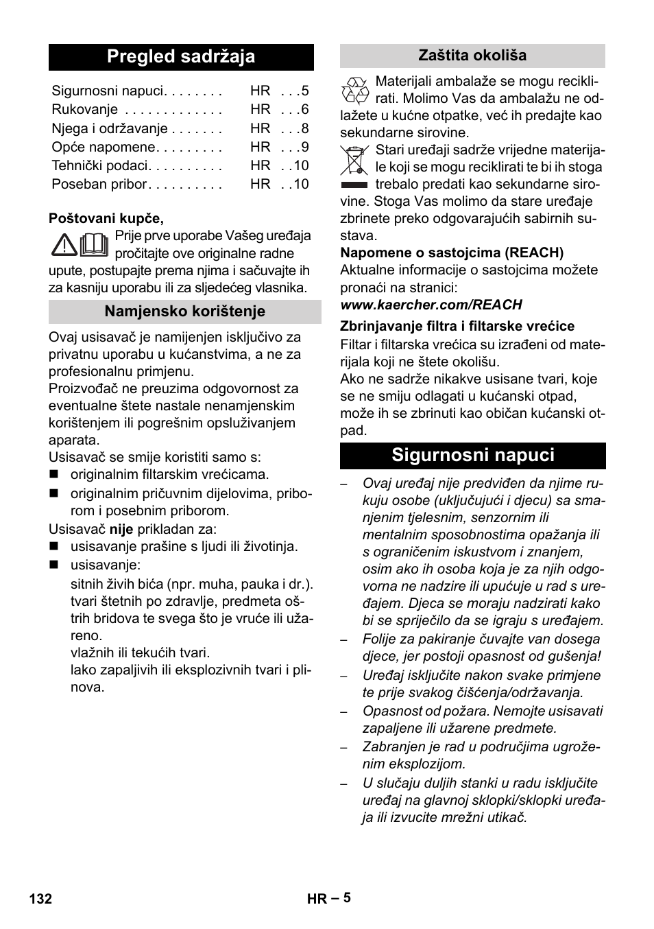 Hrvatski, Pregled sadržaja, Sigurnosni napuci | Karcher VC 6200 User Manual | Page 132 / 188