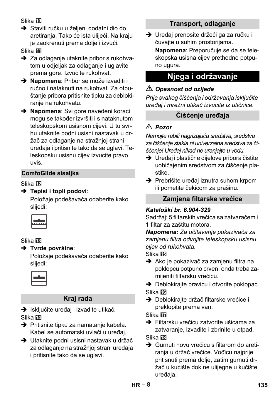 Njega i održavanje | Karcher VC 6200 User Manual | Page 135 / 188