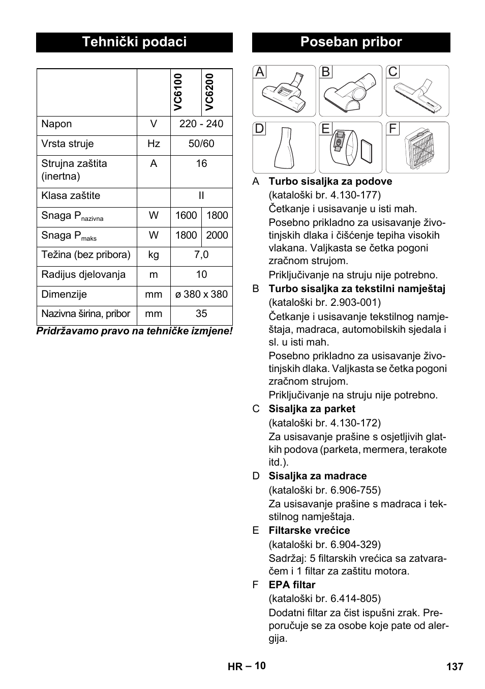Tehnički podaci, Poseban pribor | Karcher VC 6200 User Manual | Page 137 / 188