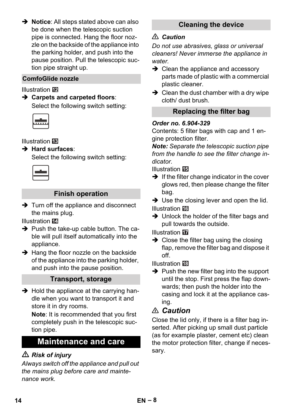 Maintenance and care | Karcher VC 6200 User Manual | Page 14 / 188