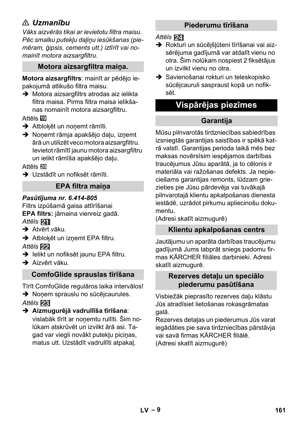 Vispārējas piezīmes | Karcher VC 6200 User Manual | Page 161 / 188