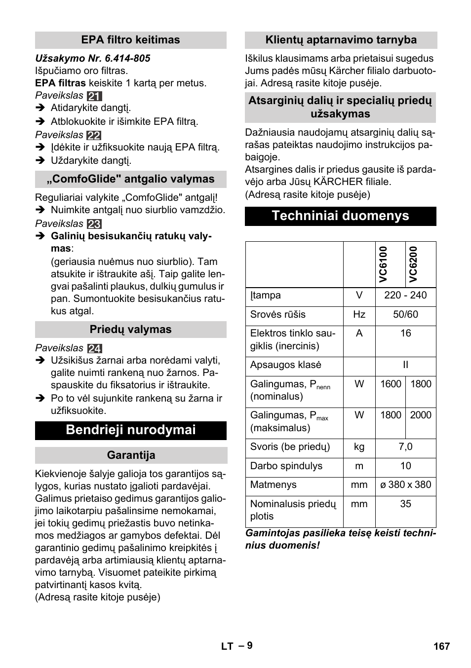 Bendrieji nurodymai, Techniniai duomenys | Karcher VC 6200 User Manual | Page 167 / 188