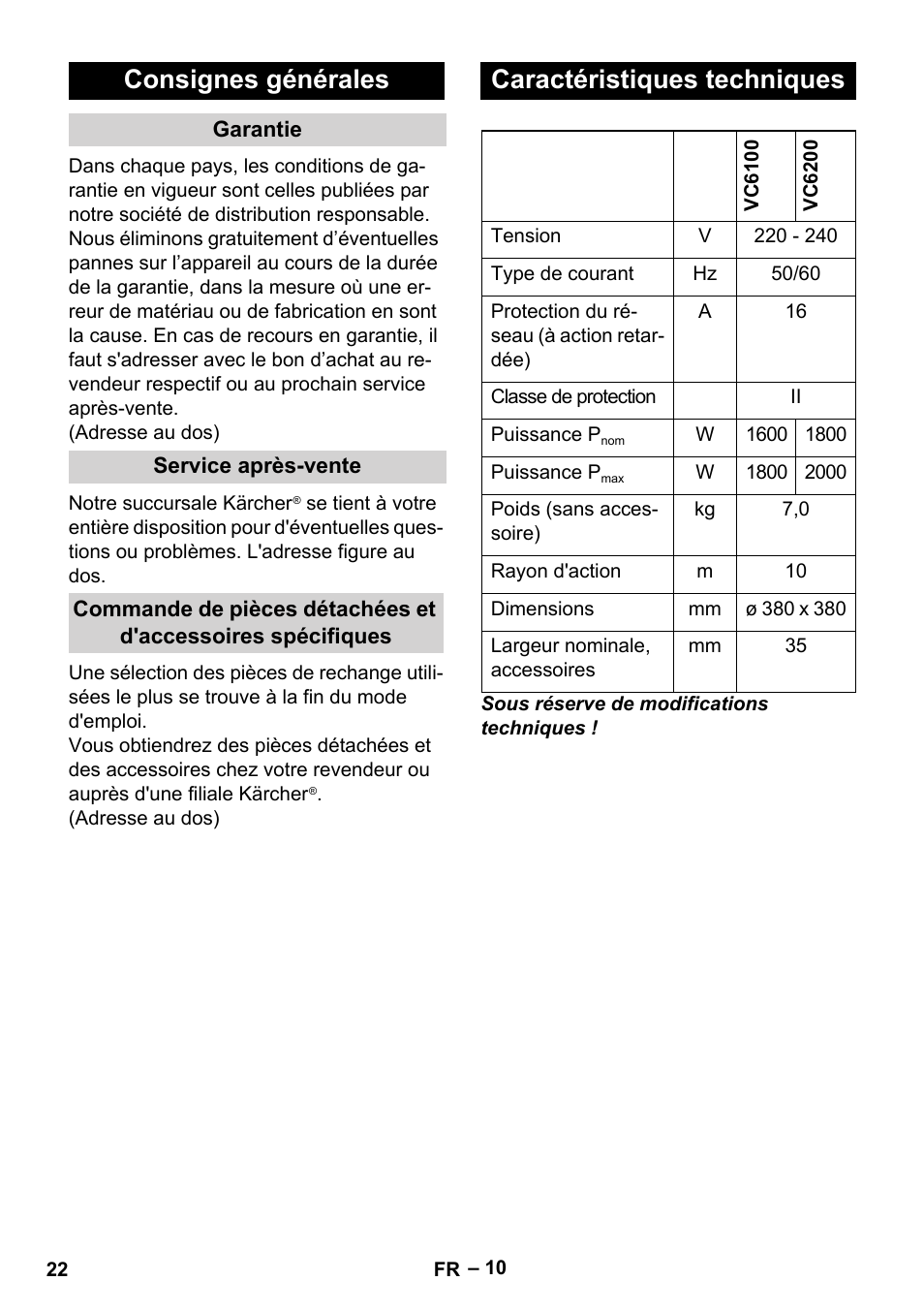 Consignes générales, Caractéristiques techniques | Karcher VC 6200 User Manual | Page 22 / 188