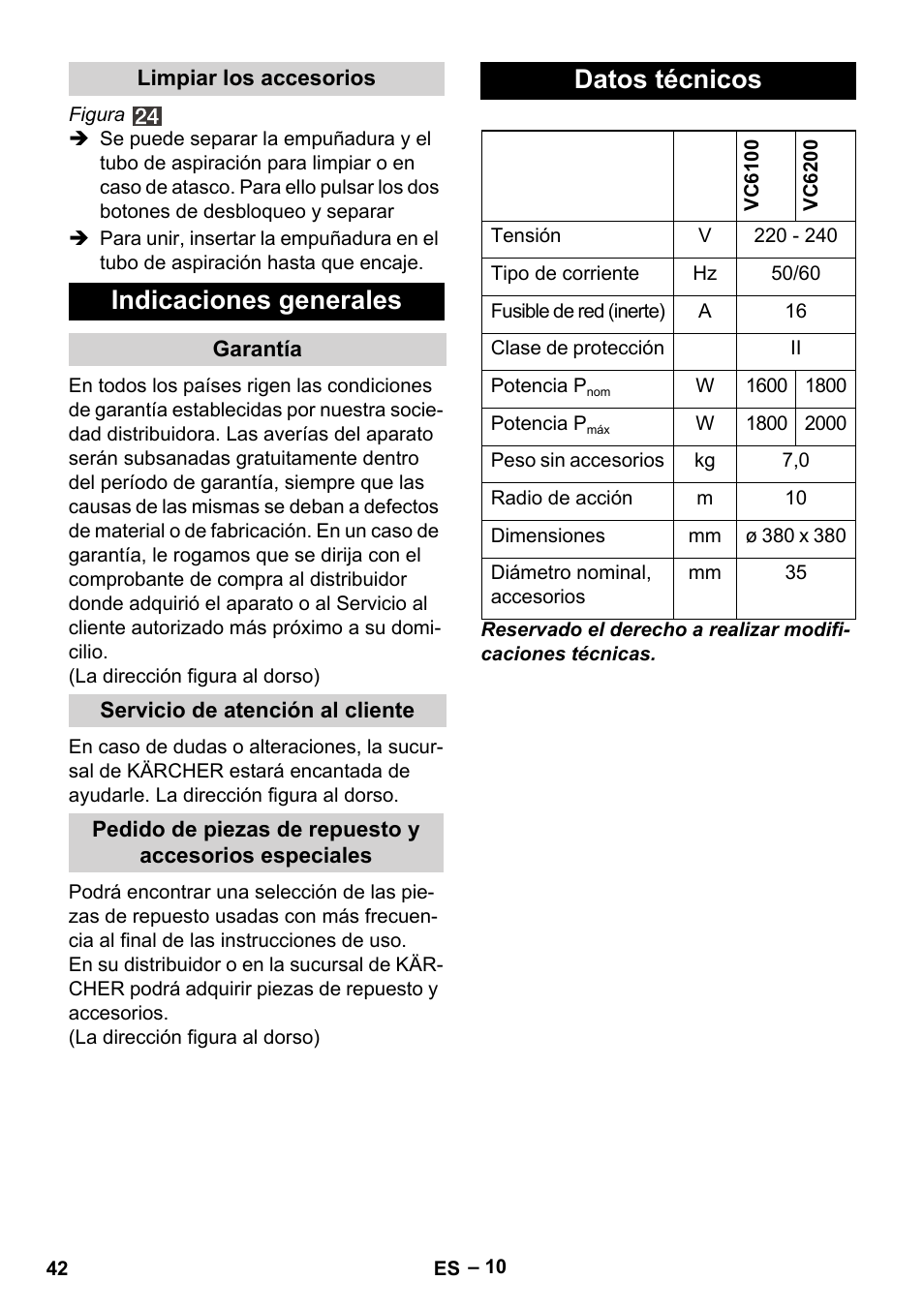 Indicaciones generales, Datos técnicos | Karcher VC 6200 User Manual | Page 42 / 188