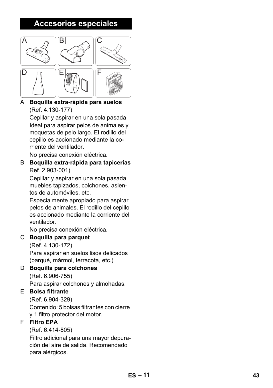 Accesorios especiales | Karcher VC 6200 User Manual | Page 43 / 188