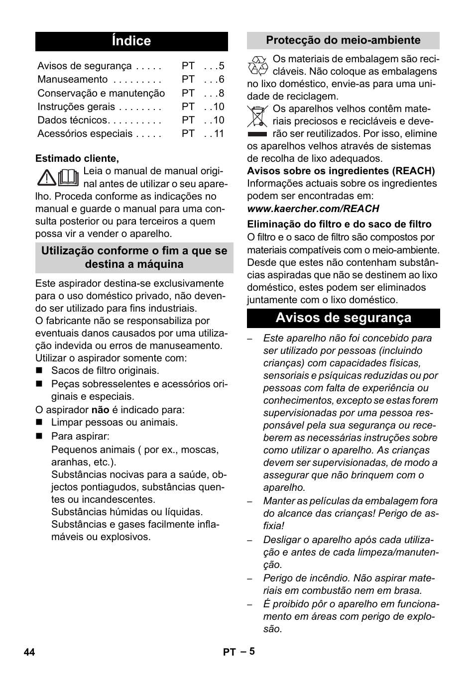 Português, Índice, Avisos de segurança | Karcher VC 6200 User Manual | Page 44 / 188