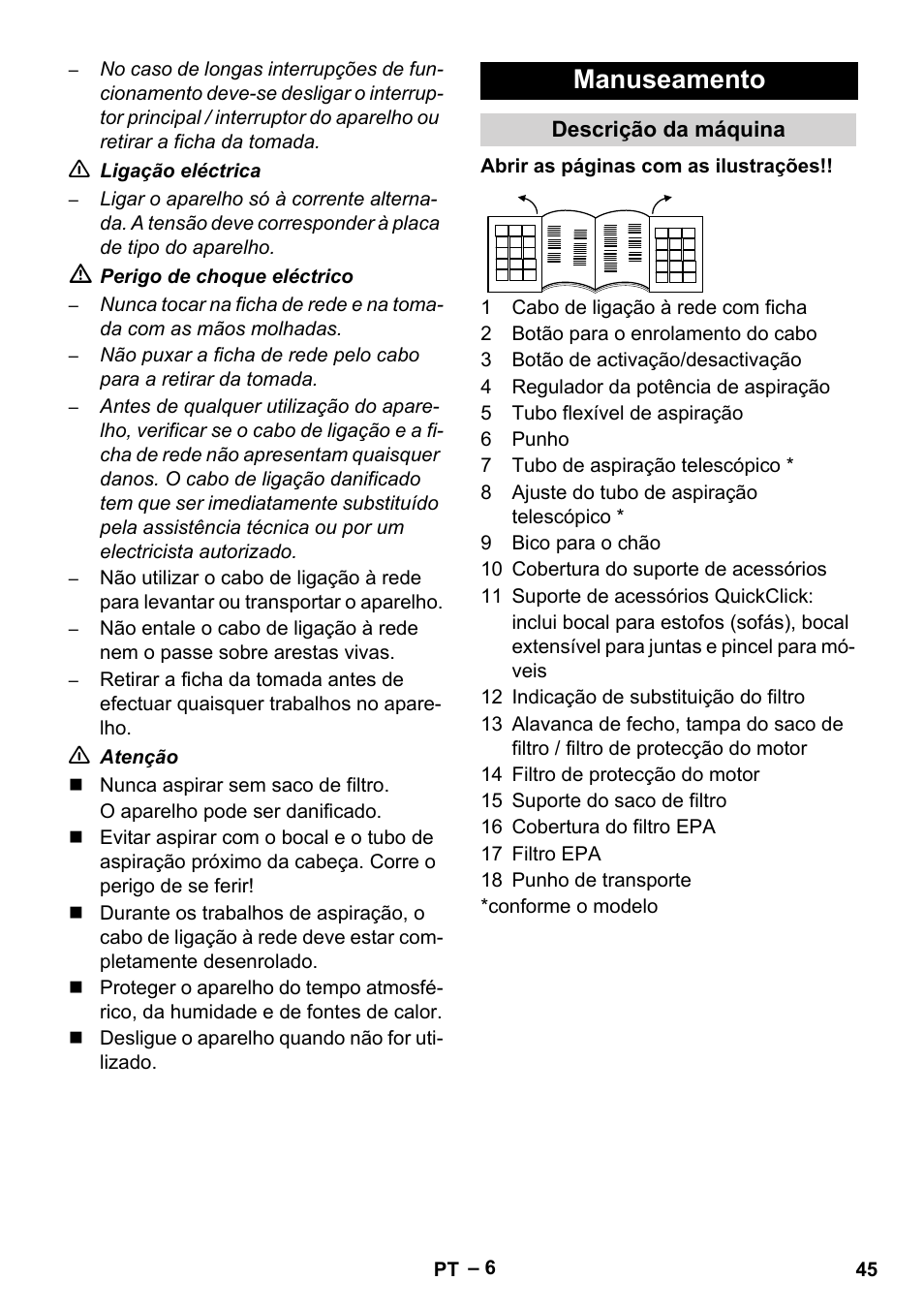 Manuseamento | Karcher VC 6200 User Manual | Page 45 / 188