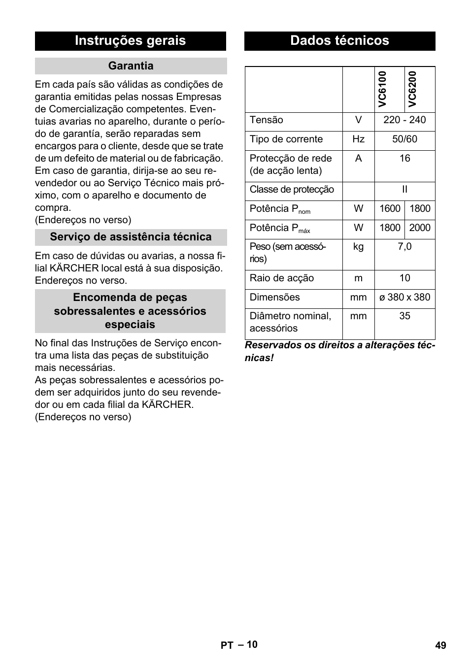 Instruções gerais, Dados técnicos | Karcher VC 6200 User Manual | Page 49 / 188