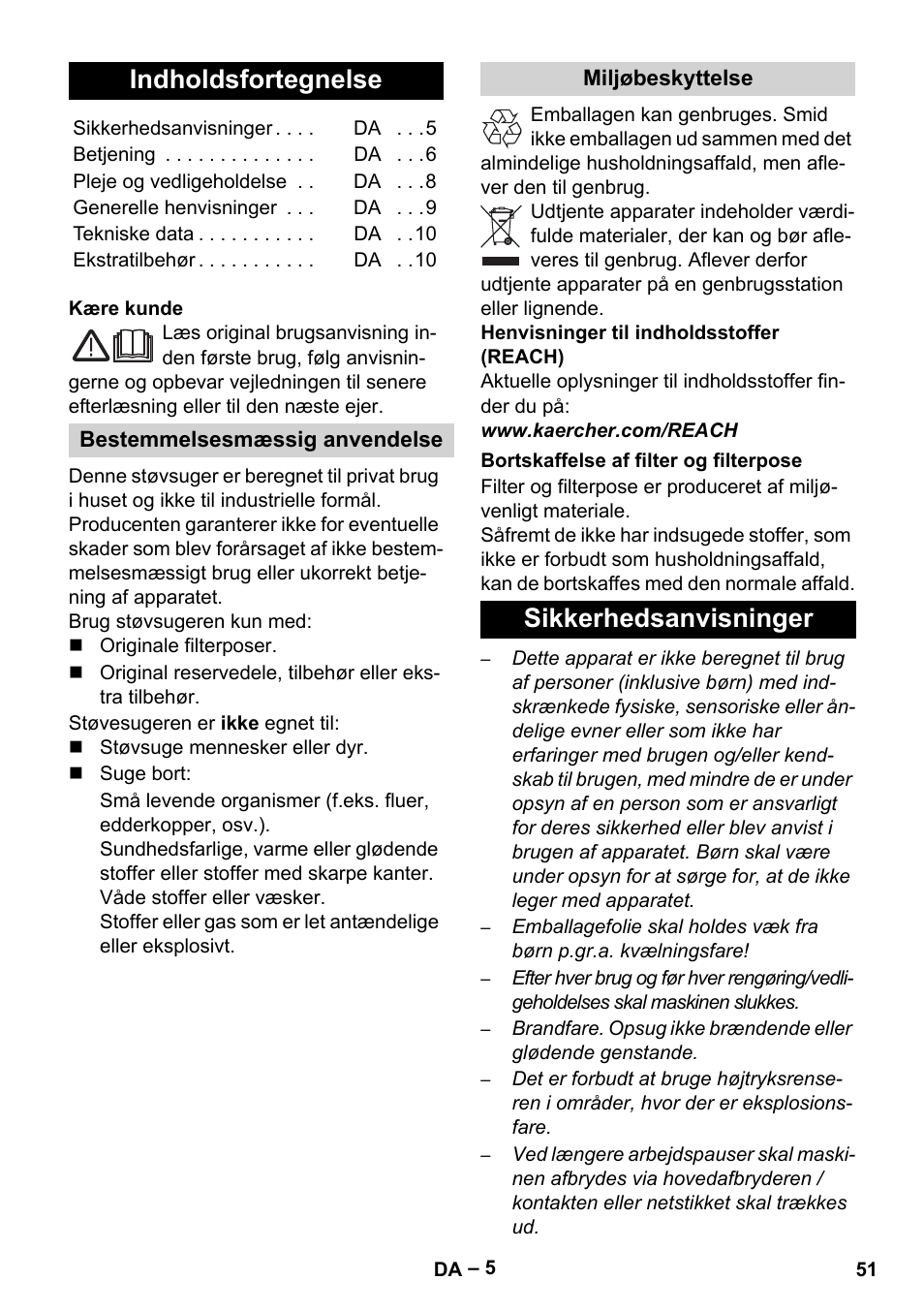 Dansk, Indholdsfortegnelse, Sikkerhedsanvisninger | Karcher VC 6200 User Manual | Page 51 / 188