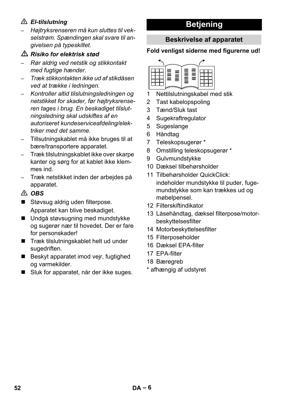 Betjening | Karcher VC 6200 User Manual | Page 52 / 188