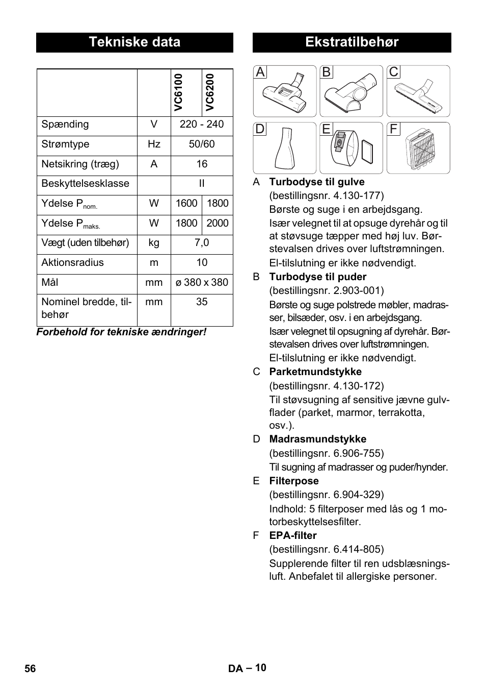 Tekniske data, Ekstratilbehør | Karcher VC 6200 User Manual | Page 56 / 188