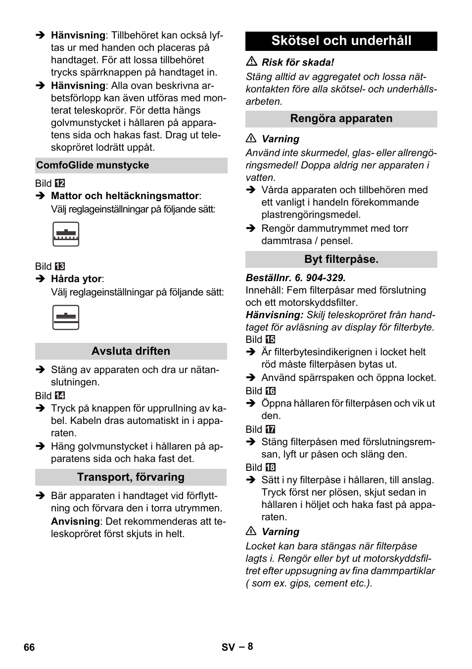 Skötsel och underhåll | Karcher VC 6200 User Manual | Page 66 / 188