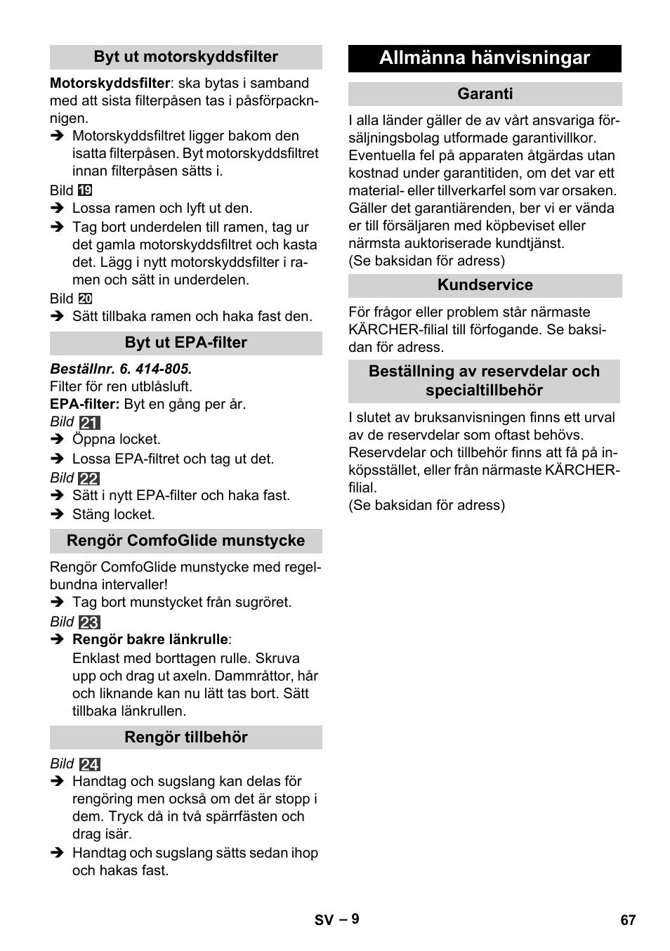 Allmänna hänvisningar | Karcher VC 6200 User Manual | Page 67 / 188