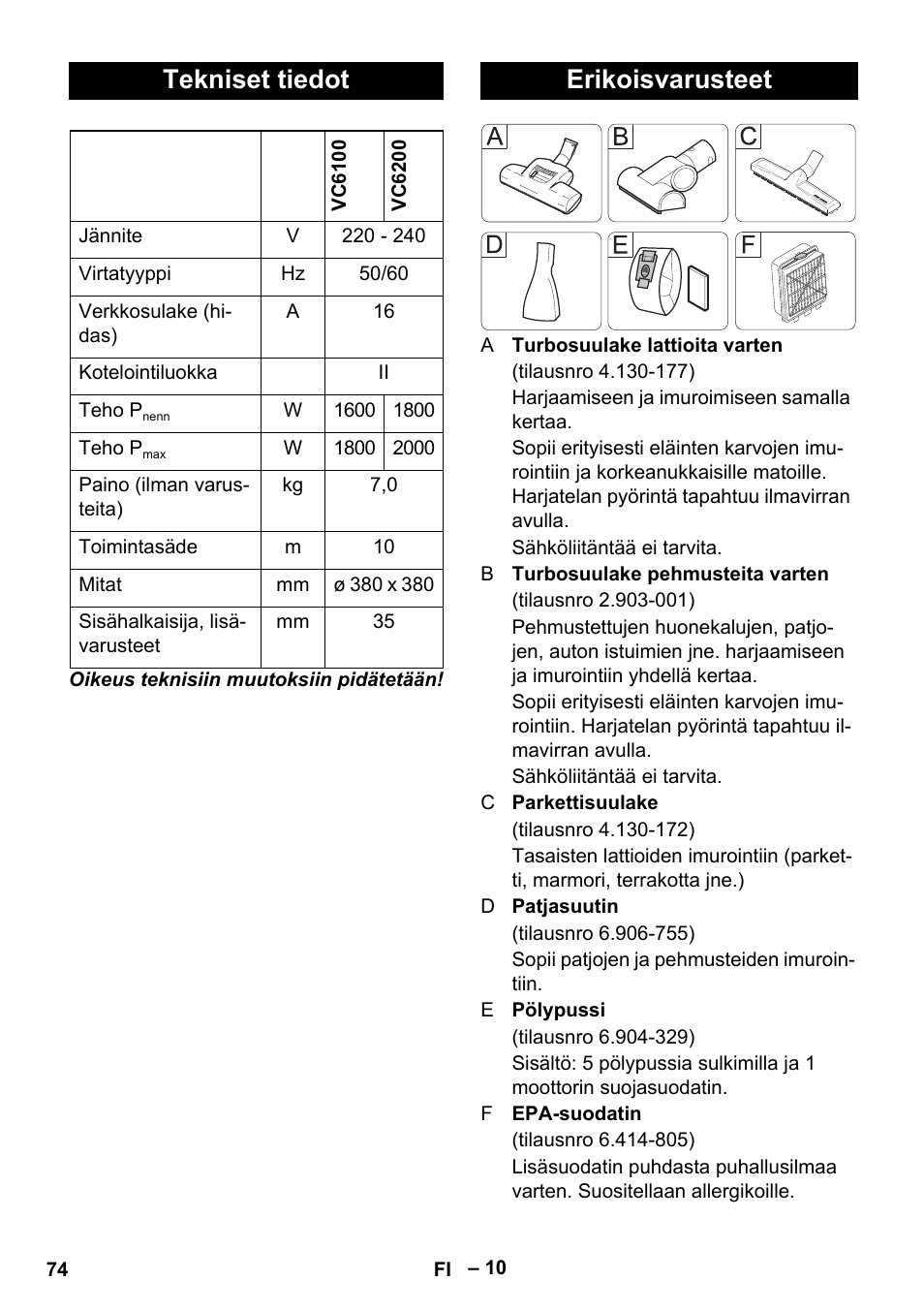 Tekniset tiedot, Erikoisvarusteet | Karcher VC 6200 User Manual | Page 74 / 188