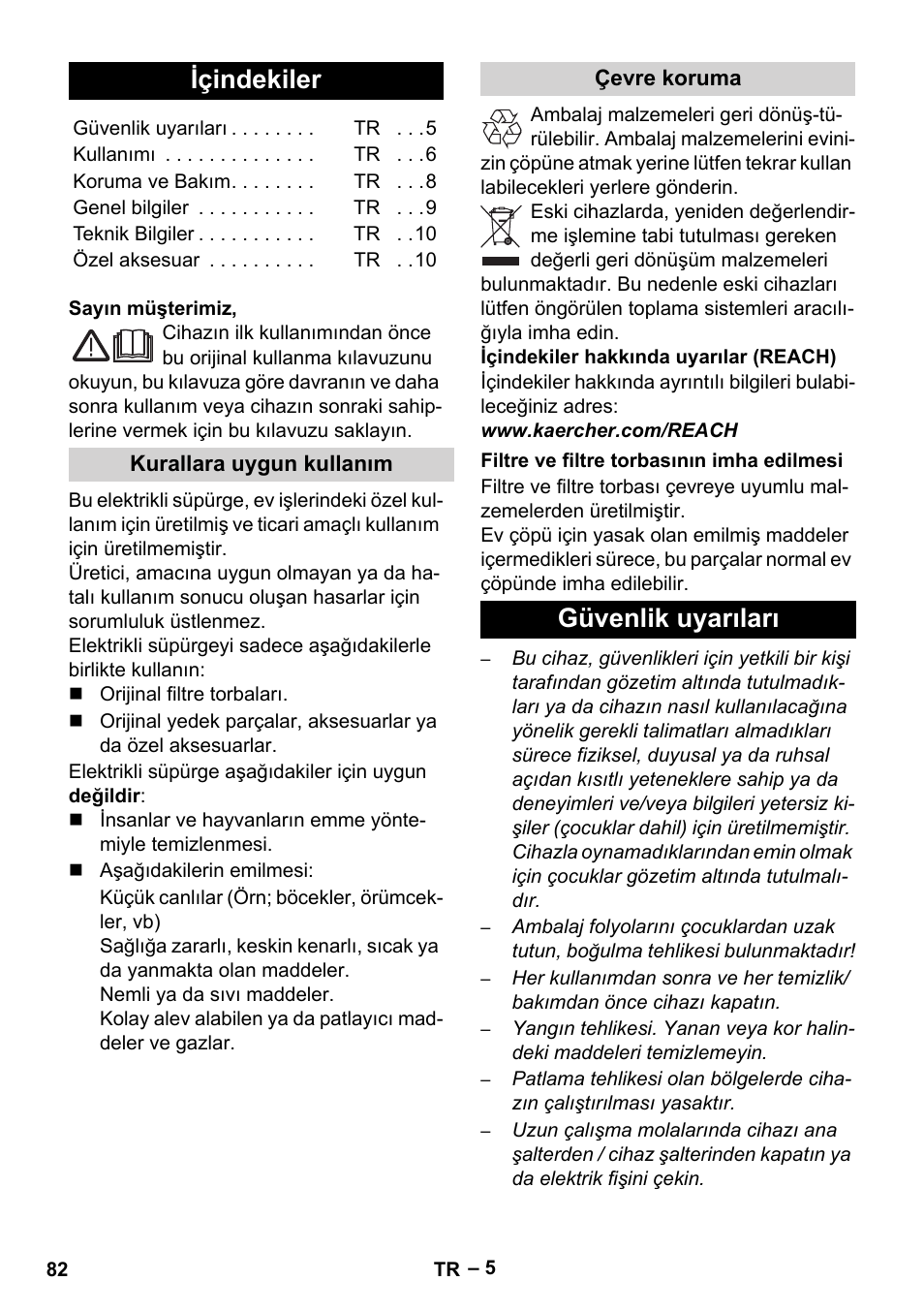 Türkçe, Içindekiler, Güvenlik uyarıları | Karcher VC 6200 User Manual | Page 82 / 188
