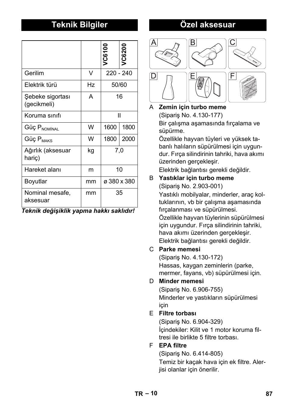 Teknik bilgiler, Özel aksesuar | Karcher VC 6200 User Manual | Page 87 / 188