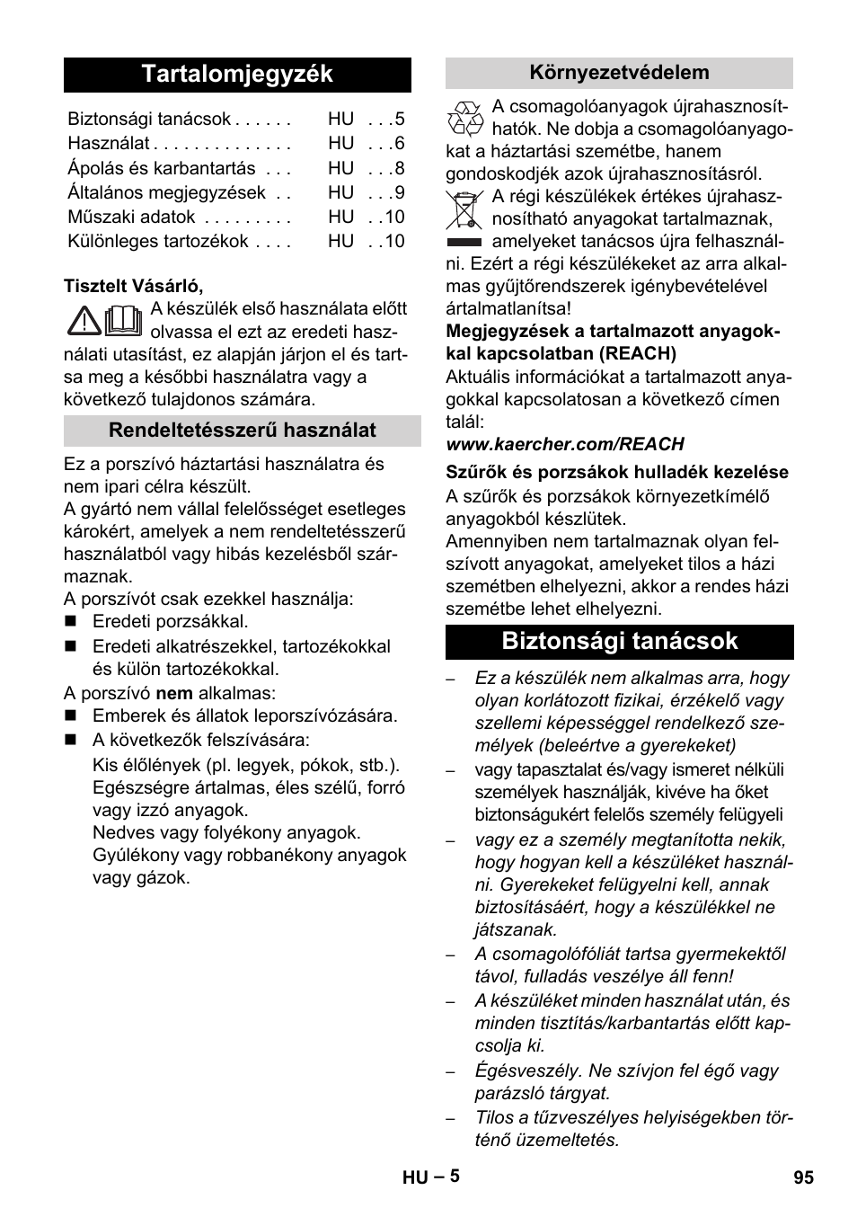 Magyar, Tartalomjegyzék, Biztonsági tanácsok | Karcher VC 6200 User Manual | Page 95 / 188