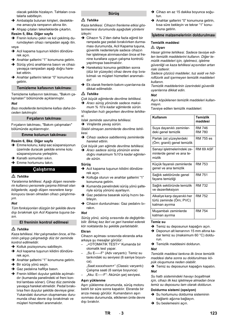 Çalıştırma | Karcher B 90 R Adv DOSE Bp Pack User Manual | Page 123 / 272