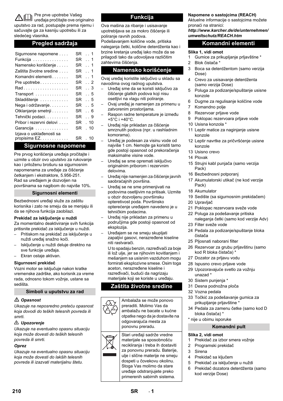 Srpski, Pregled sadržaja, Sigurnosne napomene | Komandni elementi | Karcher B 90 R Adv DOSE Bp Pack User Manual | Page 210 / 272