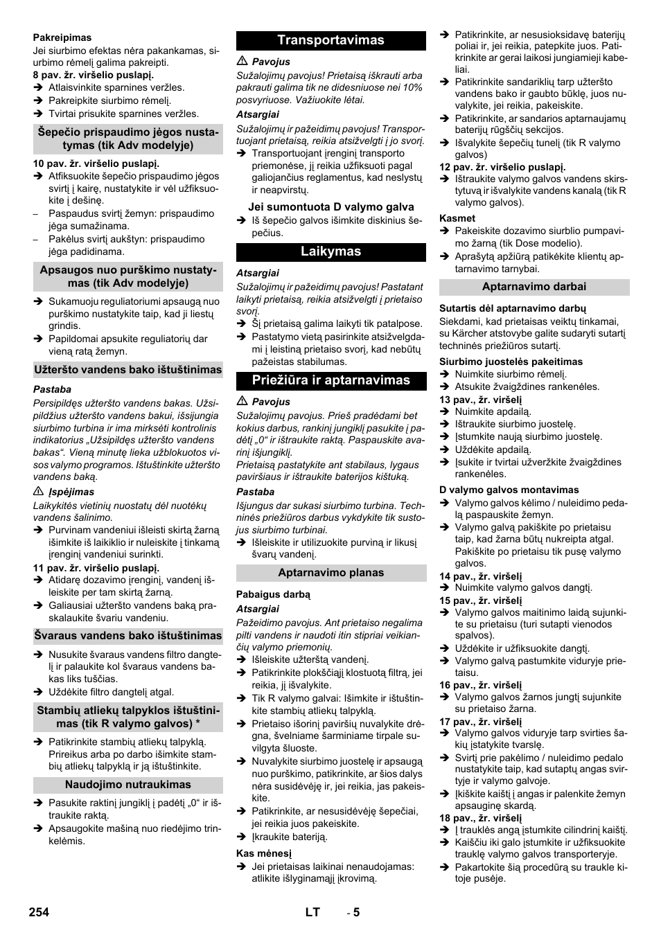 Transportavimas, Laikymas priežiūra ir aptarnavimas | Karcher B 90 R Adv DOSE Bp Pack User Manual | Page 254 / 272