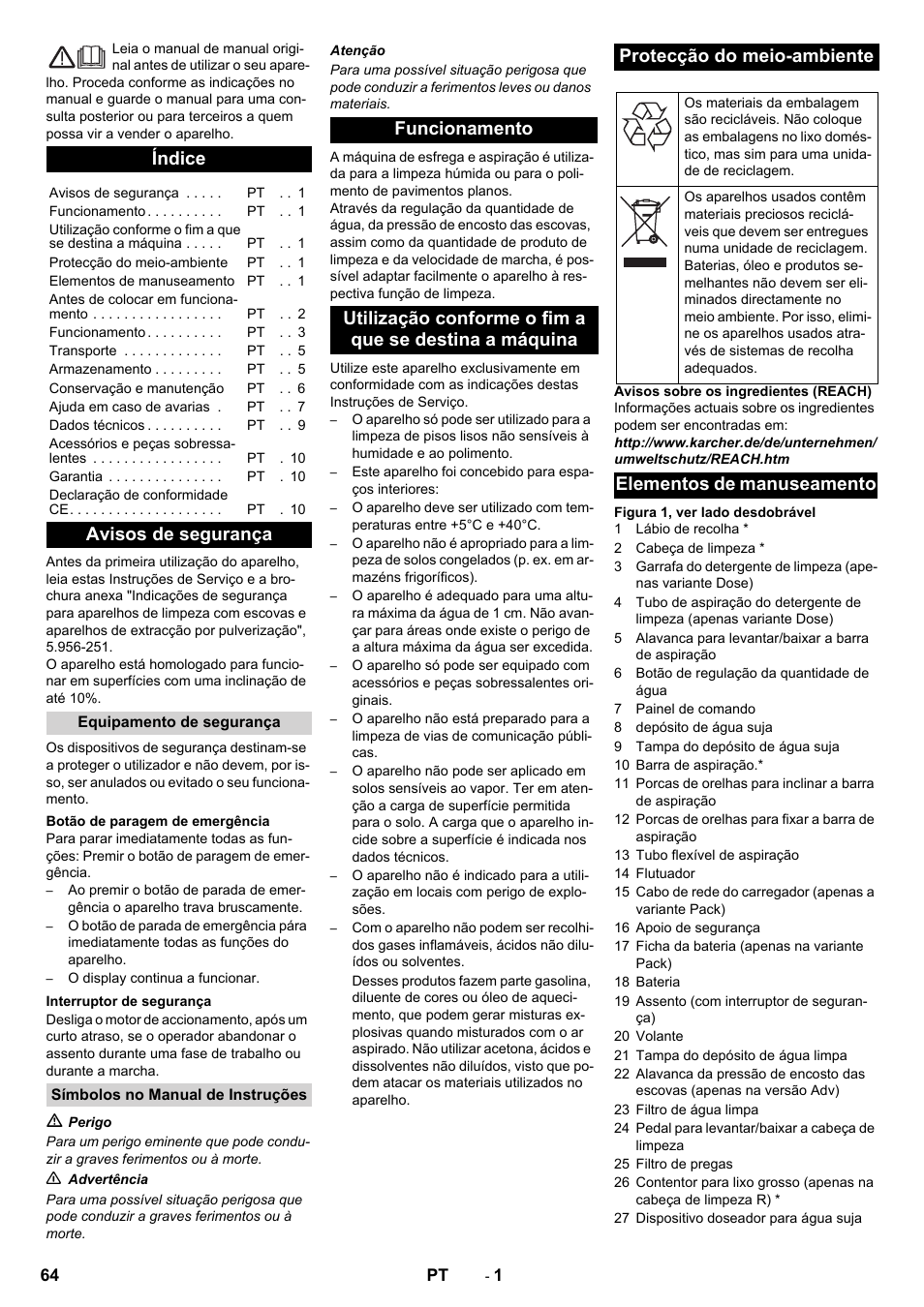 Português, Índice, Avisos de segurança | Elementos de manuseamento | Karcher B 90 R Adv DOSE Bp Pack User Manual | Page 64 / 272