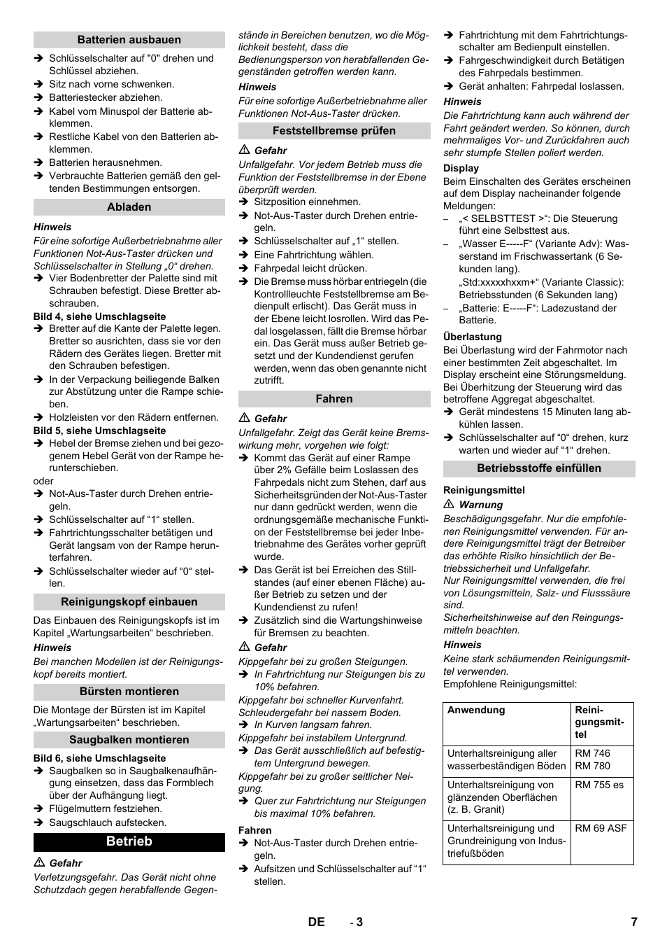 Betrieb | Karcher B 90 R Adv DOSE Bp Pack User Manual | Page 7 / 272