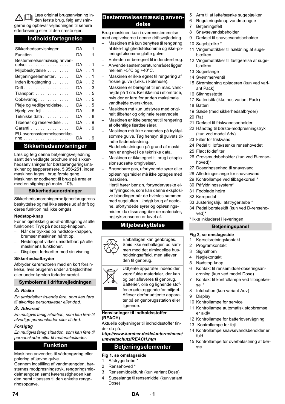 Dansk, Indholdsfortegnelse, Sikkerhedsanvisninger | Betjeningselementer | Karcher B 90 R Adv DOSE Bp Pack User Manual | Page 74 / 272