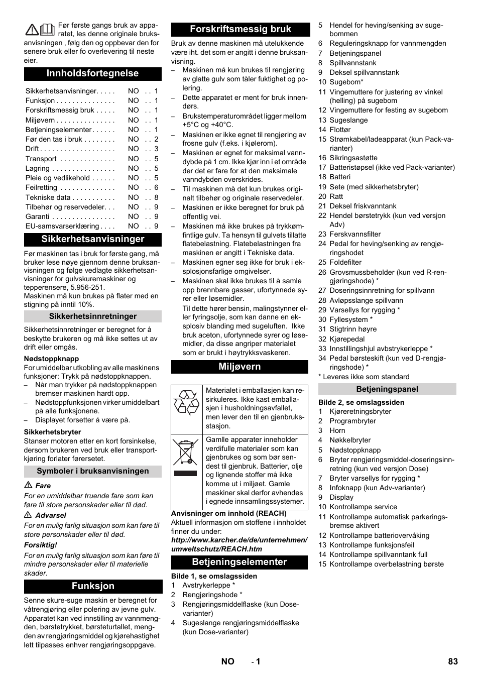 Norsk, Innholdsfortegnelse, Sikkerhetsanvisninger | Funksjon forskriftsmessig bruk miljøvern, Betjeningselementer | Karcher B 90 R Adv DOSE Bp Pack User Manual | Page 83 / 272